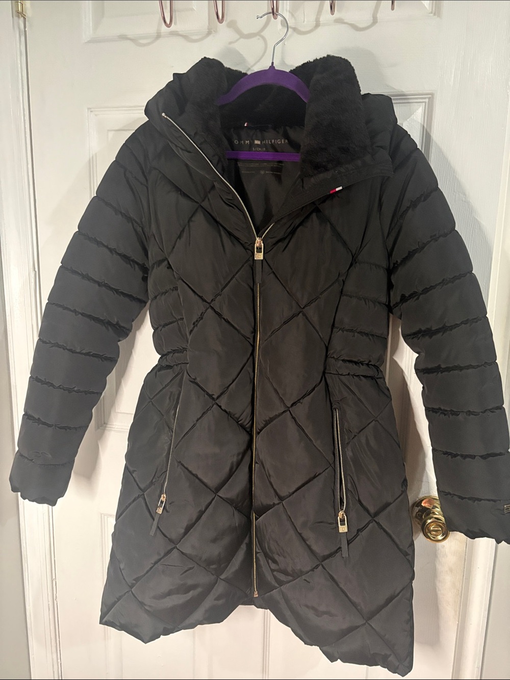 Tommy Hilfiger Black Quilted Hooded Puffer Jacket with Gold Zippers